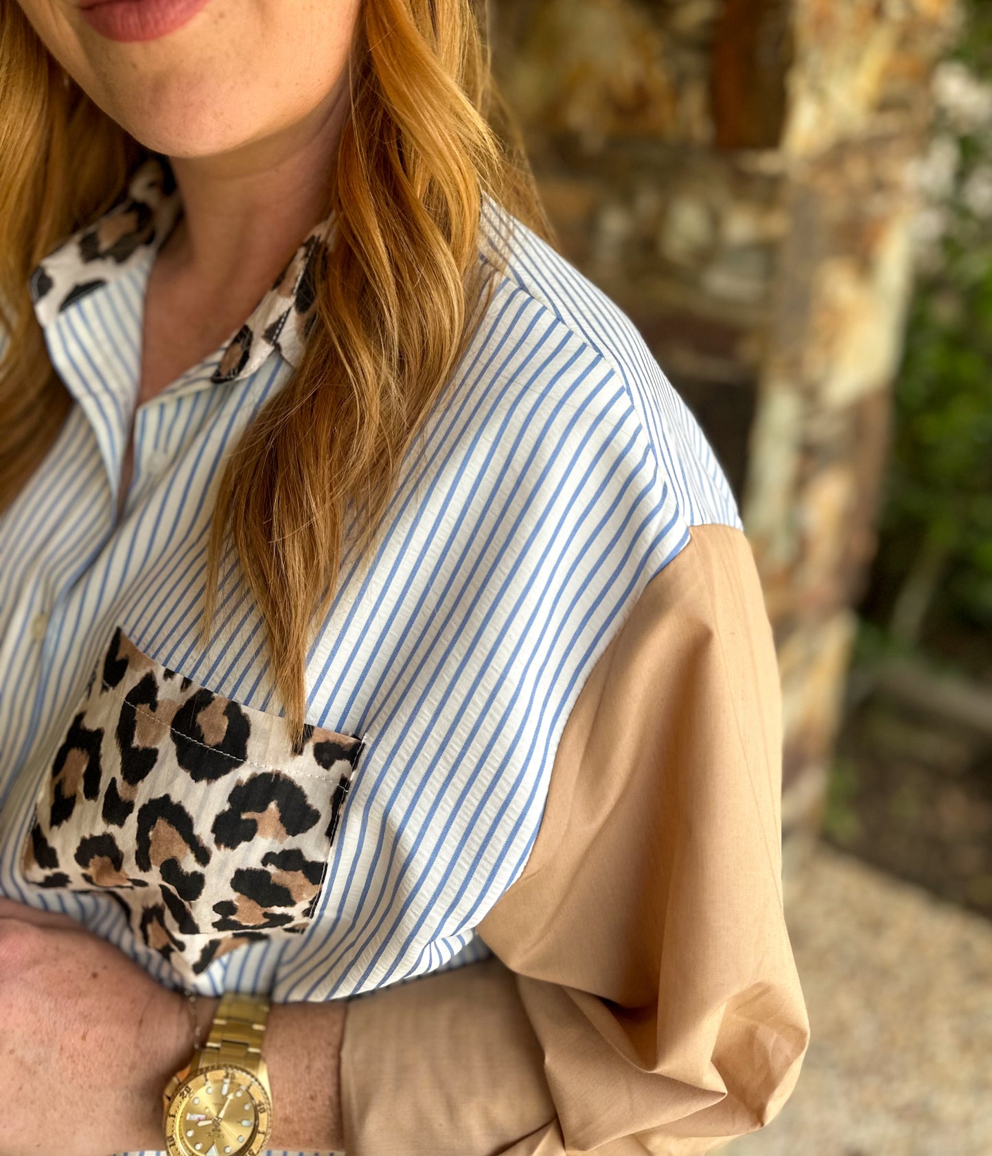 Textured Leopard/Stripe Button Down