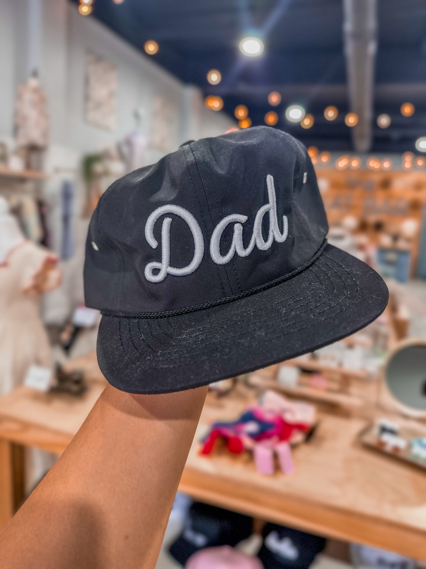 Dad Puff Embroidered Relaxed Flat Bill Rope Hat Black / White