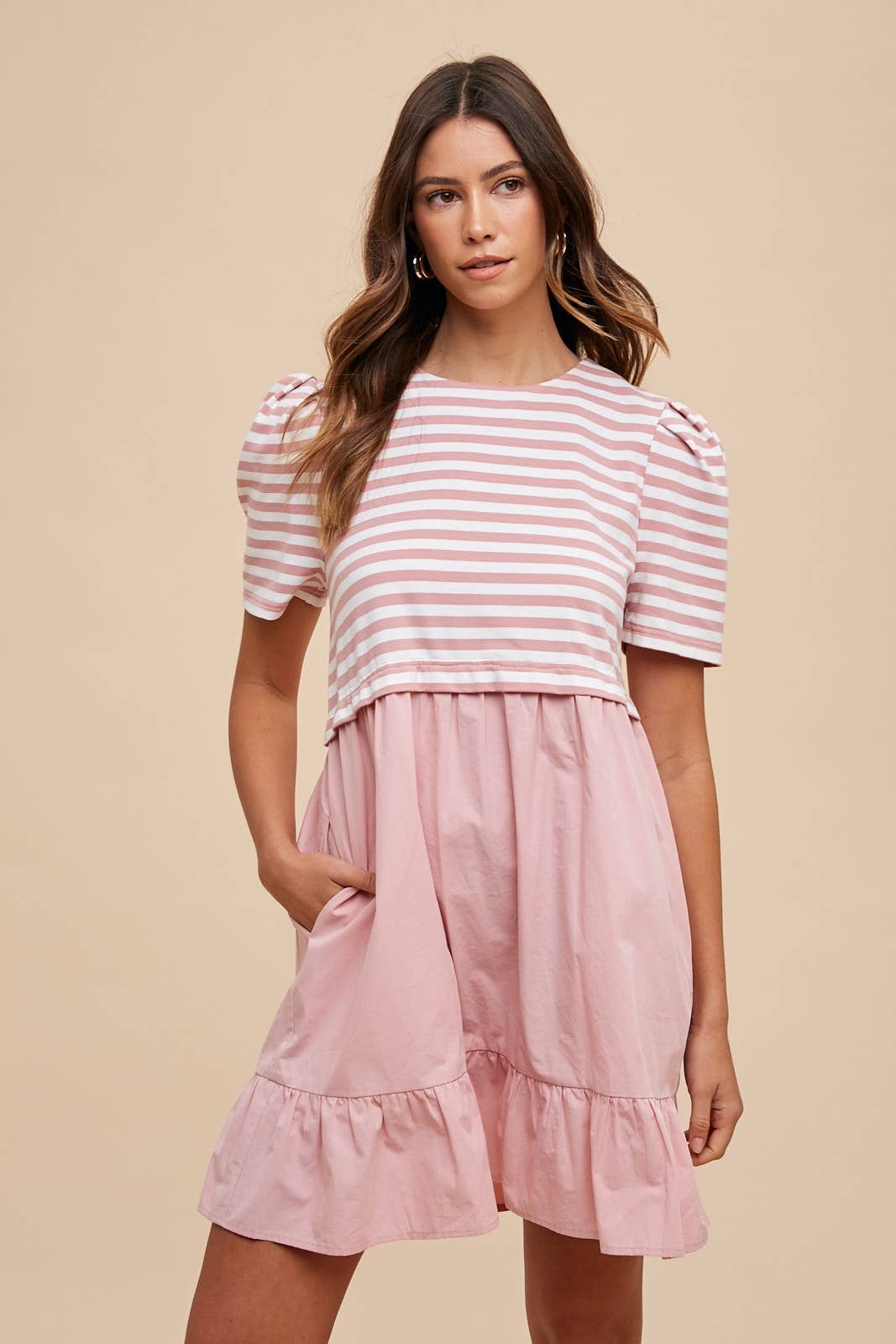 Women’s Striped Puff Sleeve Mix Media Babydoll Dress Baby Pink