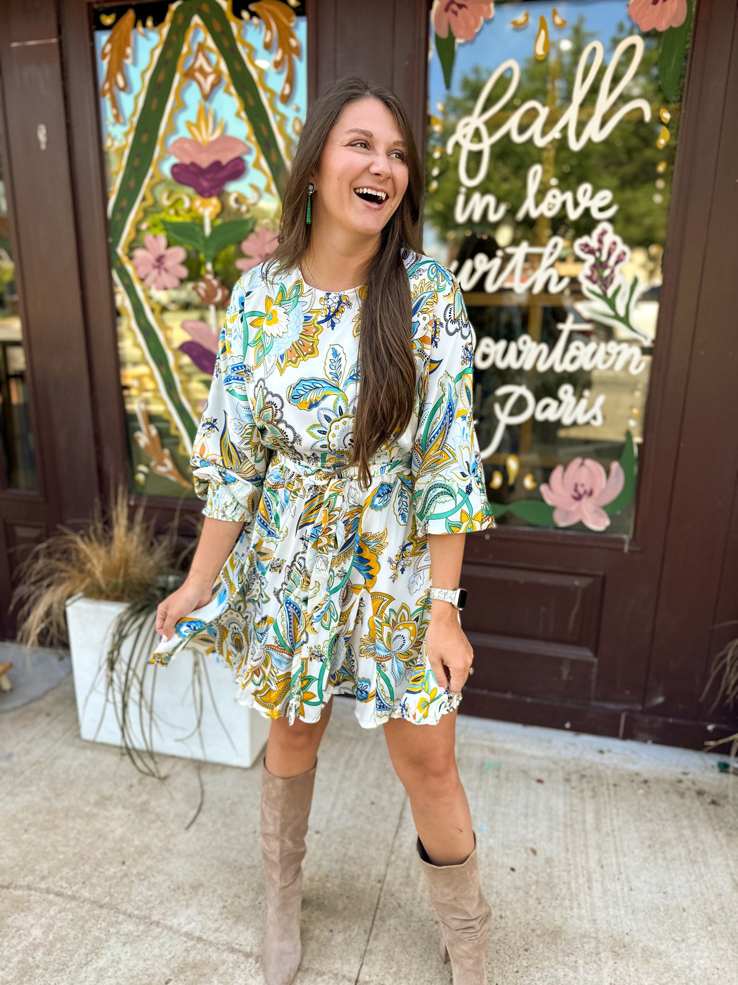 Women's Paisley Floral Print Belted Smocked Cuff Dress Yellow / Blue Mix