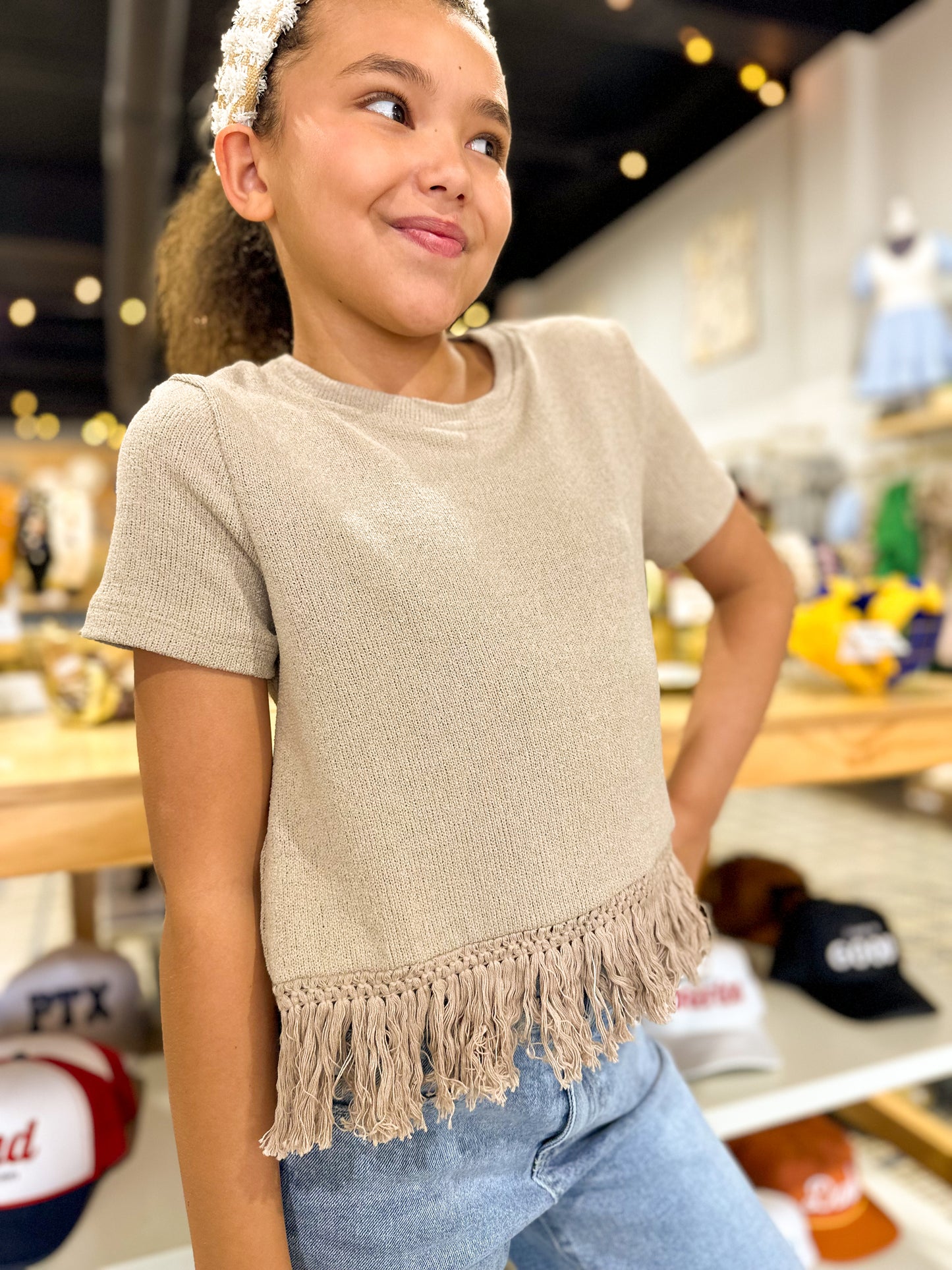 Girl's Fringed Tassel Top Taupe