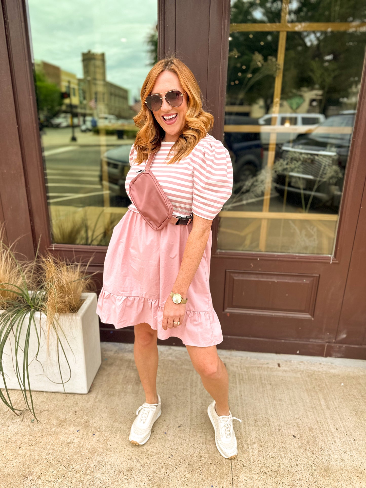 Women’s Striped Puff Sleeve Mix Media Babydoll Dress Baby Pink