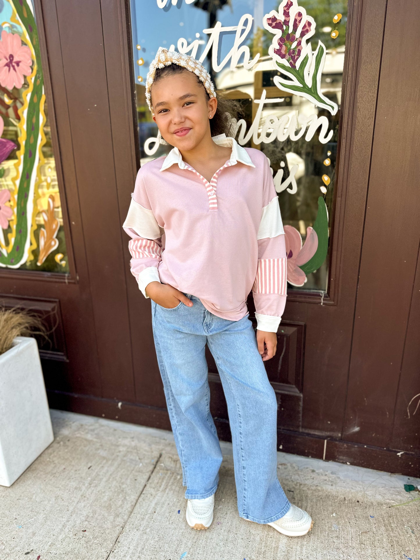 Girls Mixed Media Print Blocked Knit Rugby Shirt Pink