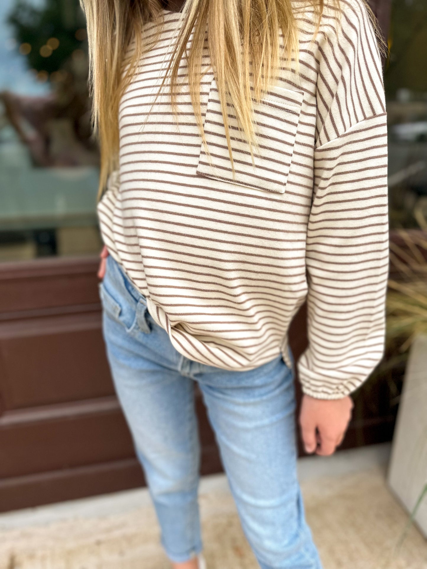 Girl's Striped Long Sleeve Pullover w/ Pocket Taupe