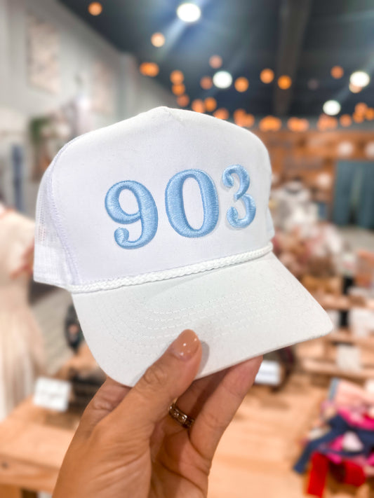 903 Puff Embroidered Canvas Grandpa Rope Hat White / Sky Blue