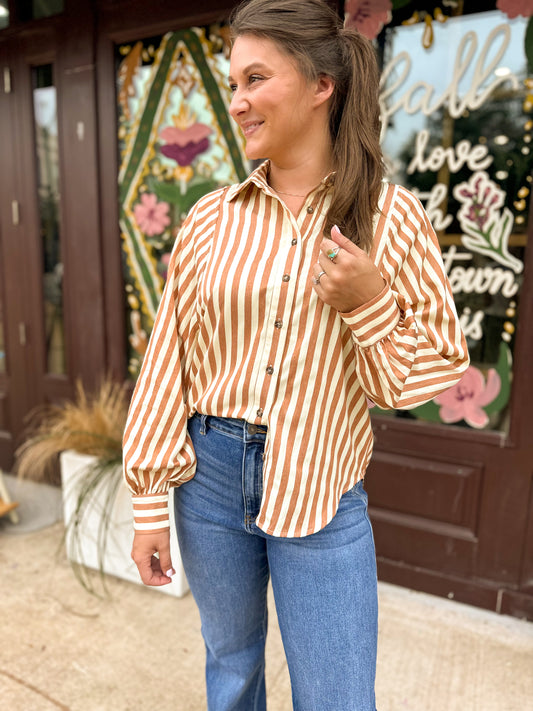 Women's Striped Balloon Sleeve Button Down Camel