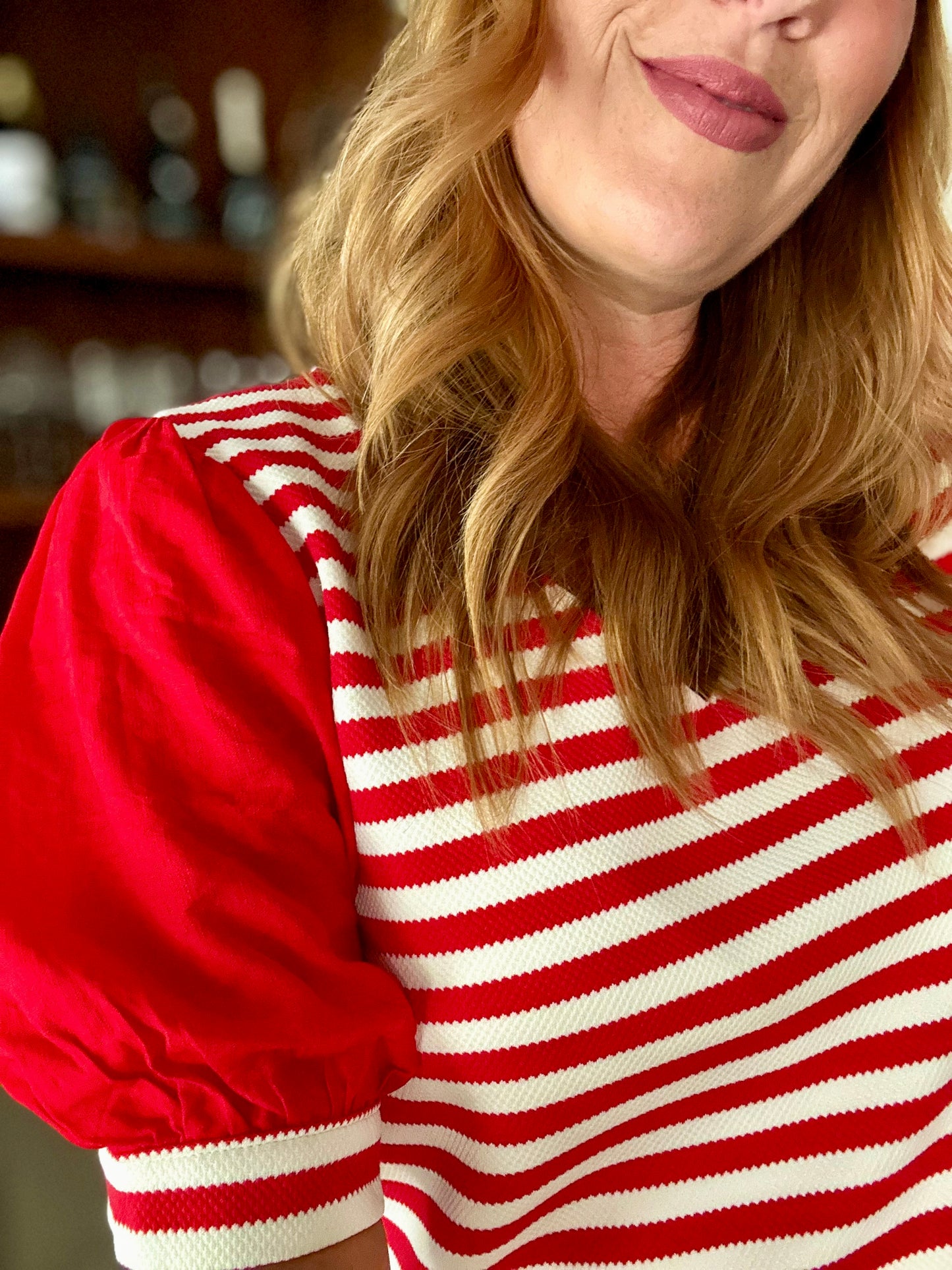 Red Striped Puff Sleeve Top