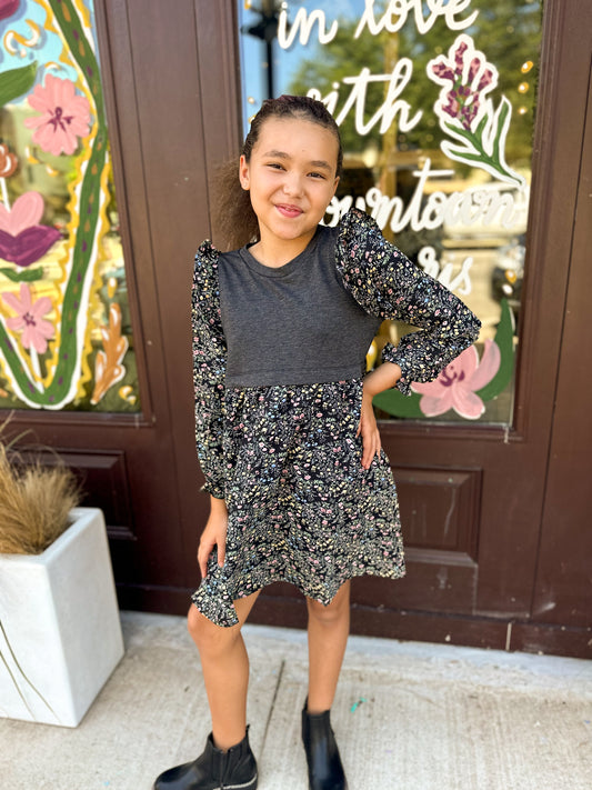 Girls Mix Media Floral Twofer Ruffle Dress Charcoal