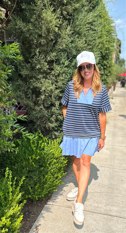 Navy Drop Waist Pleated Dress