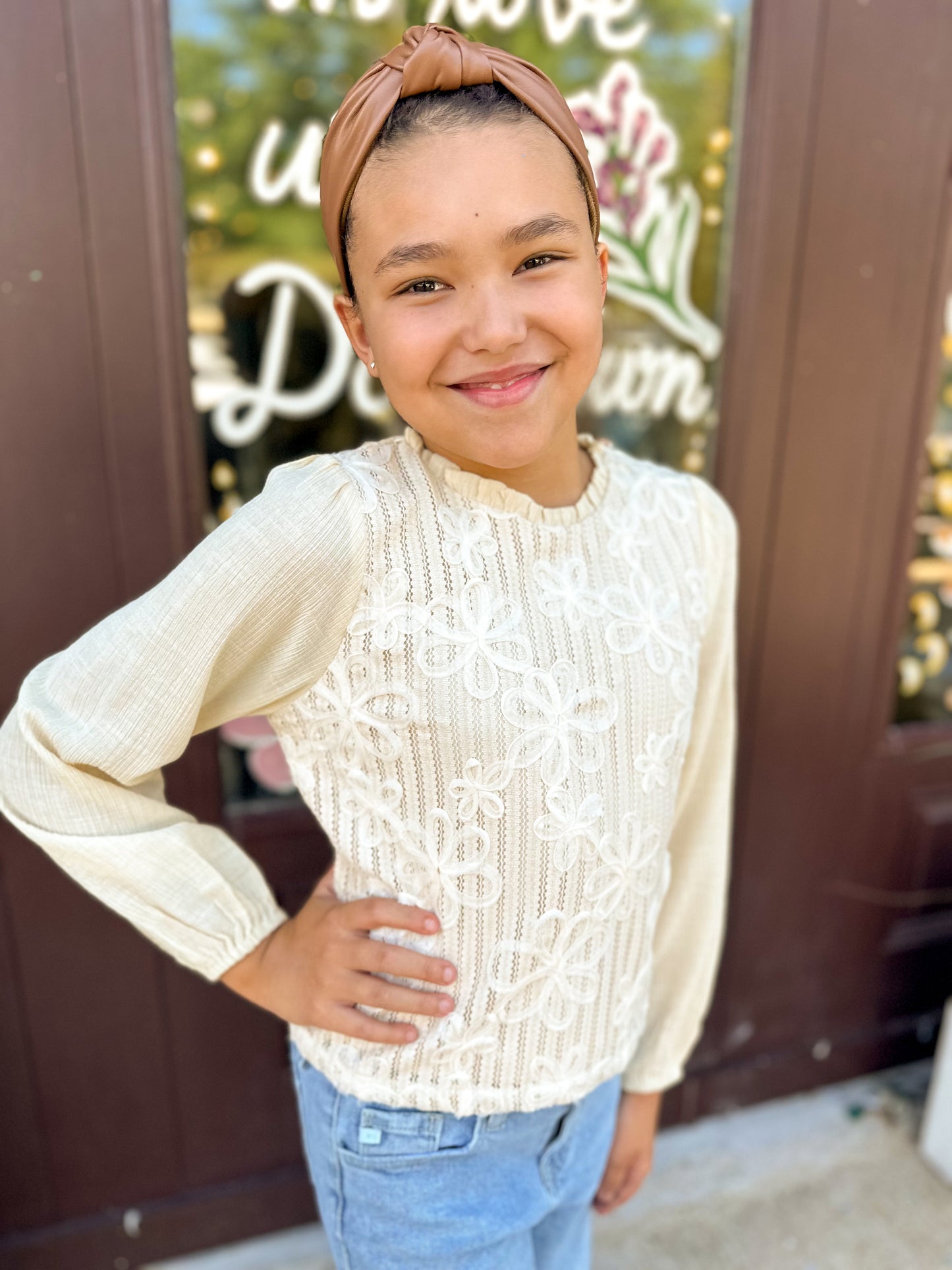 Girls Floral Embroidered Textured Puff Sleeve Top Oatmeal