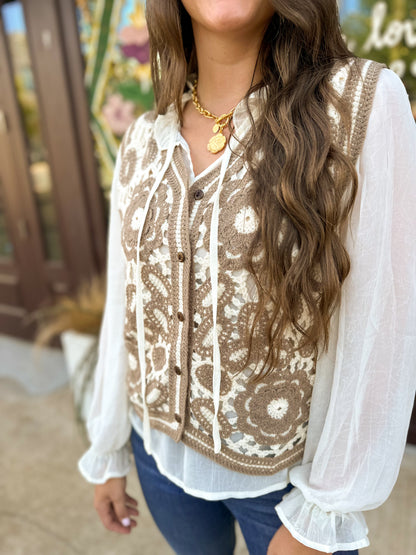 Women's Crochet Sweater Vest & Chiffon Blouse Set