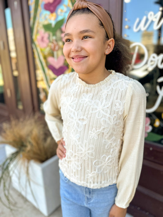 Girls Floral Embroidered Textured Puff Sleeve Top Oatmeal