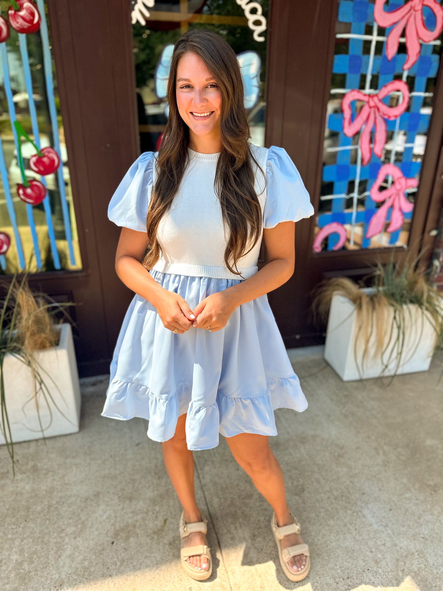 Women’s Mixed Media Puff Ruffle Dress Baby Blue / White