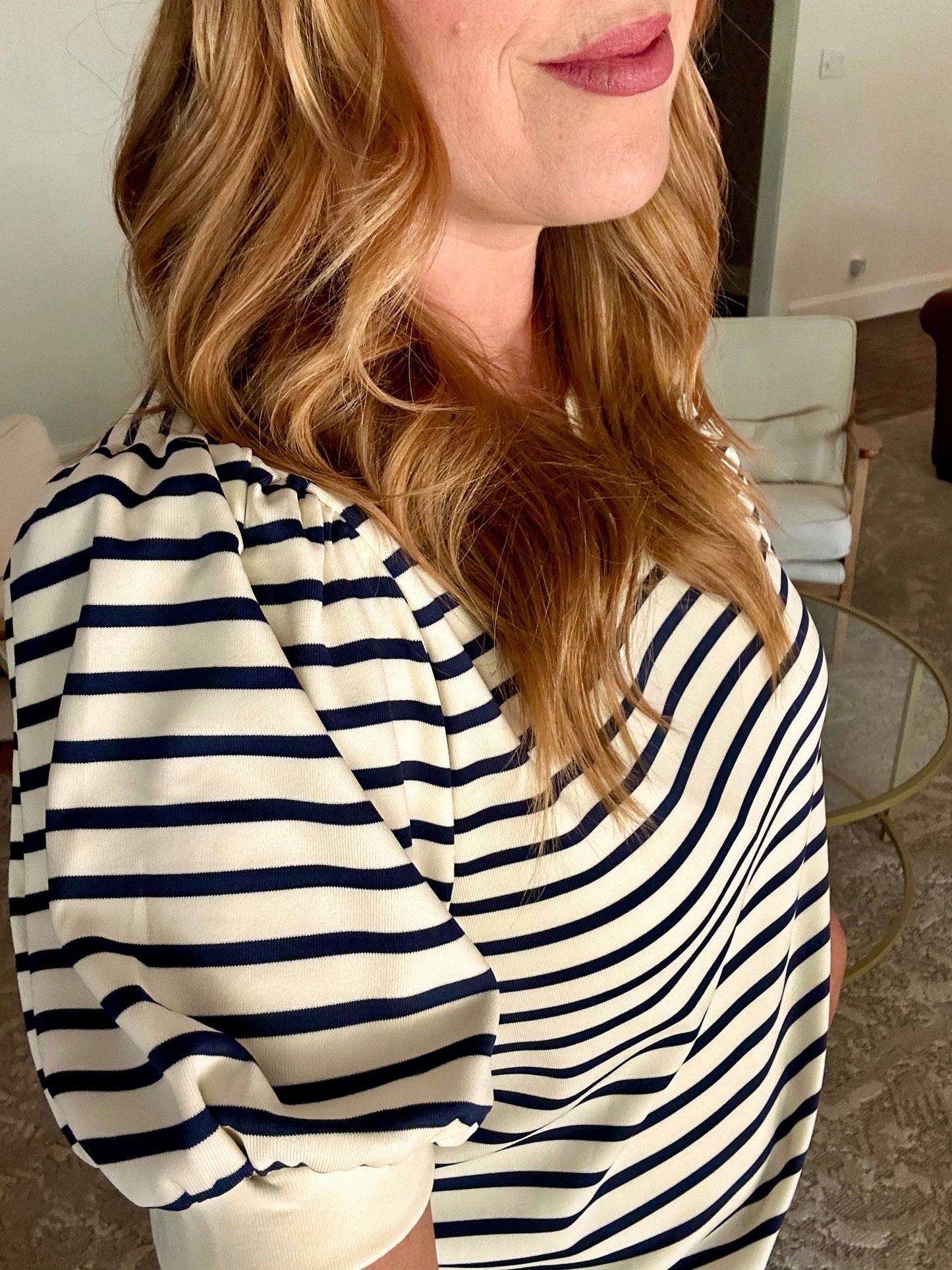 Navy Striped Puff Sleeve Knit Top