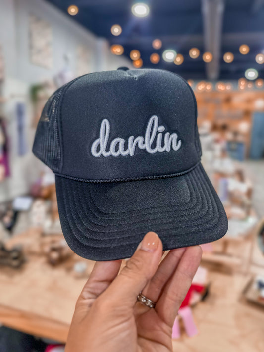 Darlin' Puff Embroidered Snapback Foam Trucker Hat Black / White