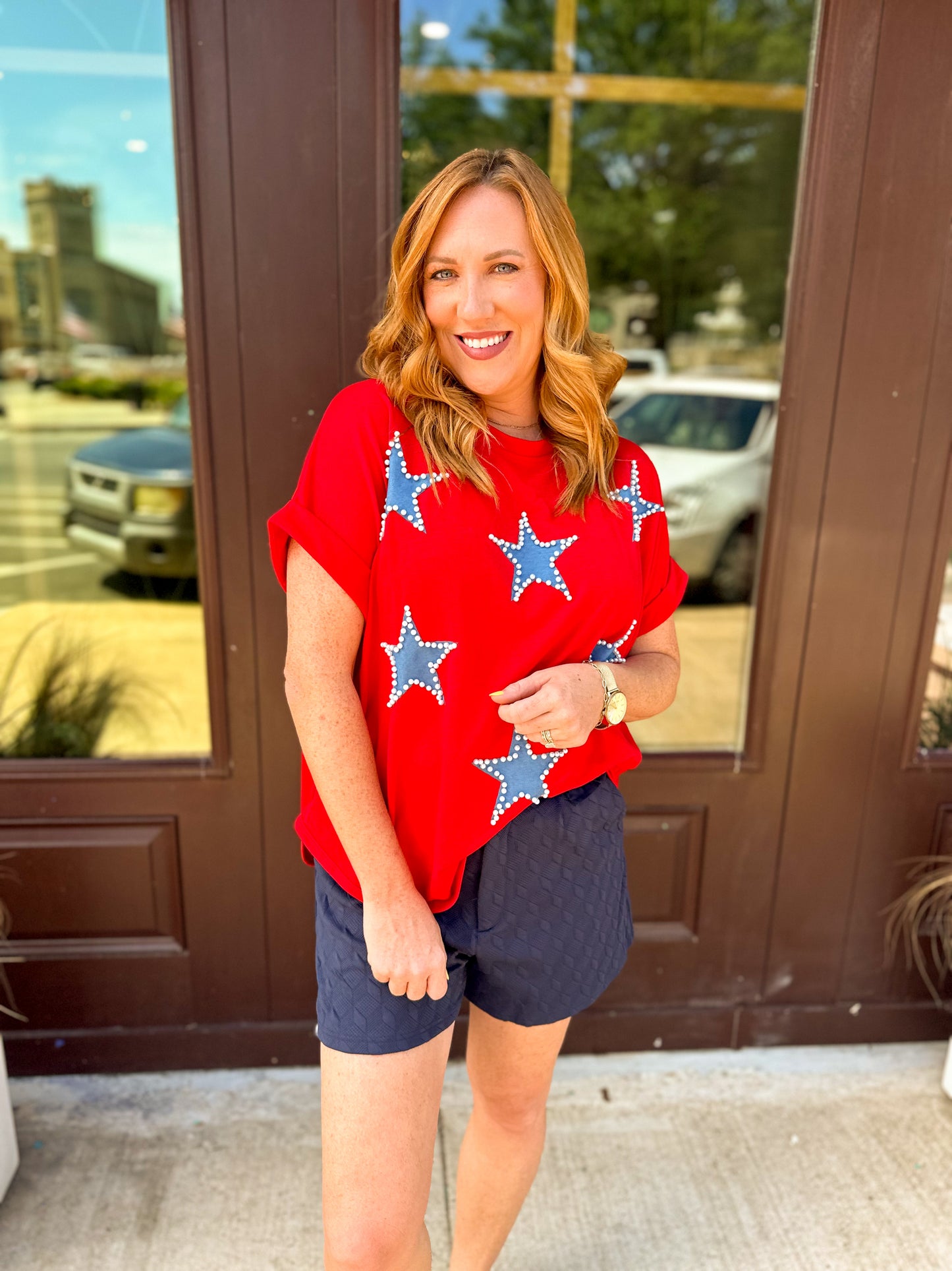 Women's Star Spangled Pearl Top Red