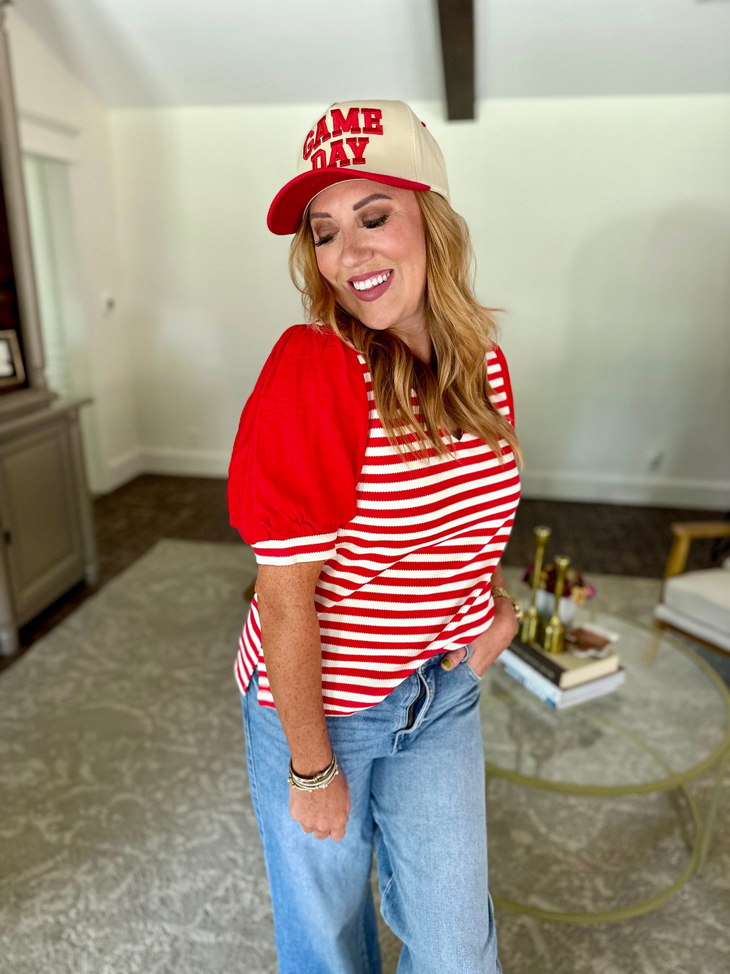 Red Striped Puff Sleeve Top