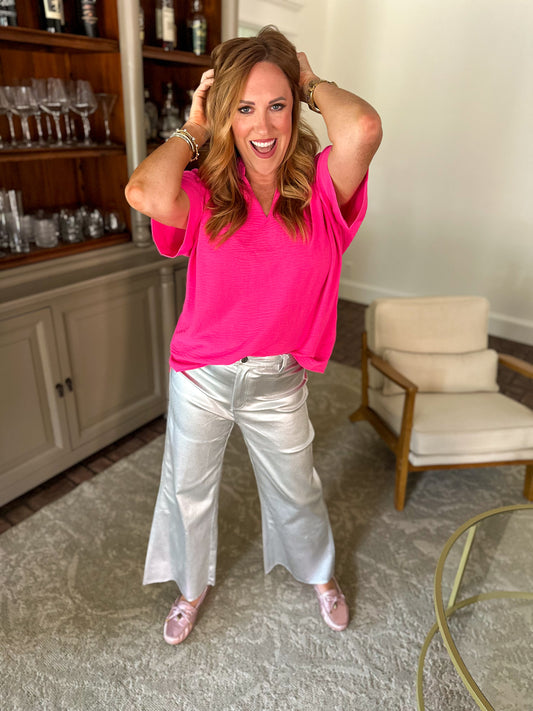 Silver Metallic Cropped Stretch Pant