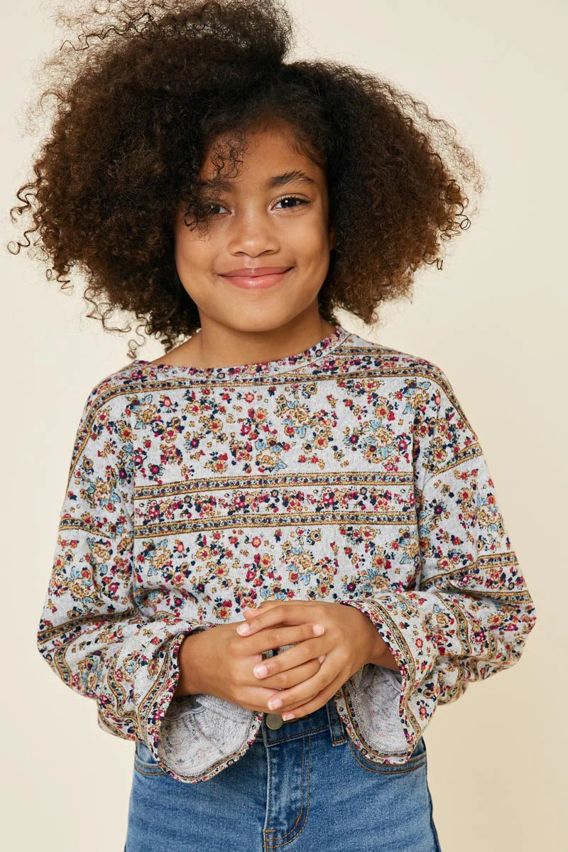 Girls Floral Printed Cinched Sleeve Knit Sweater Heather Grey Mix