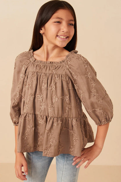 Girls Brushed Floral Detailed Puff Sleeve Square Neck Top Brown