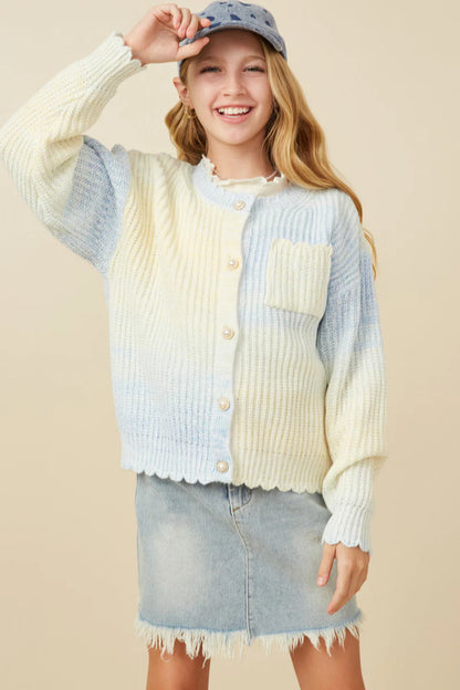 Girls Ombre Scallop Statement Button Cardigan Blue / Yellow