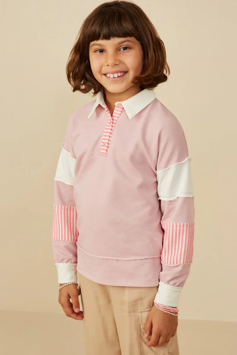 Girls Mixed Media Print Blocked Knit Rugby Shirt Pink