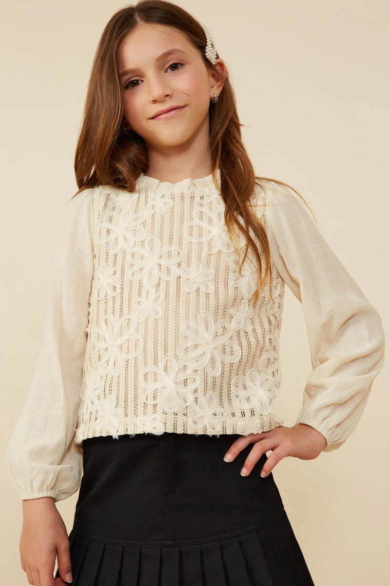 Girls Floral Embroidered Textured Puff Sleeve Top Oatmeal