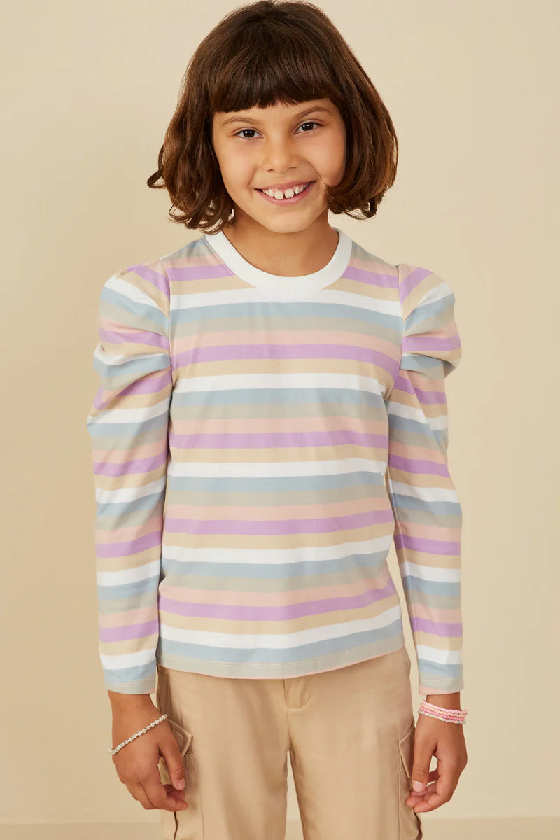 Girl's Striped Long Sleeve Puff Shoulder Top Lavender Mix