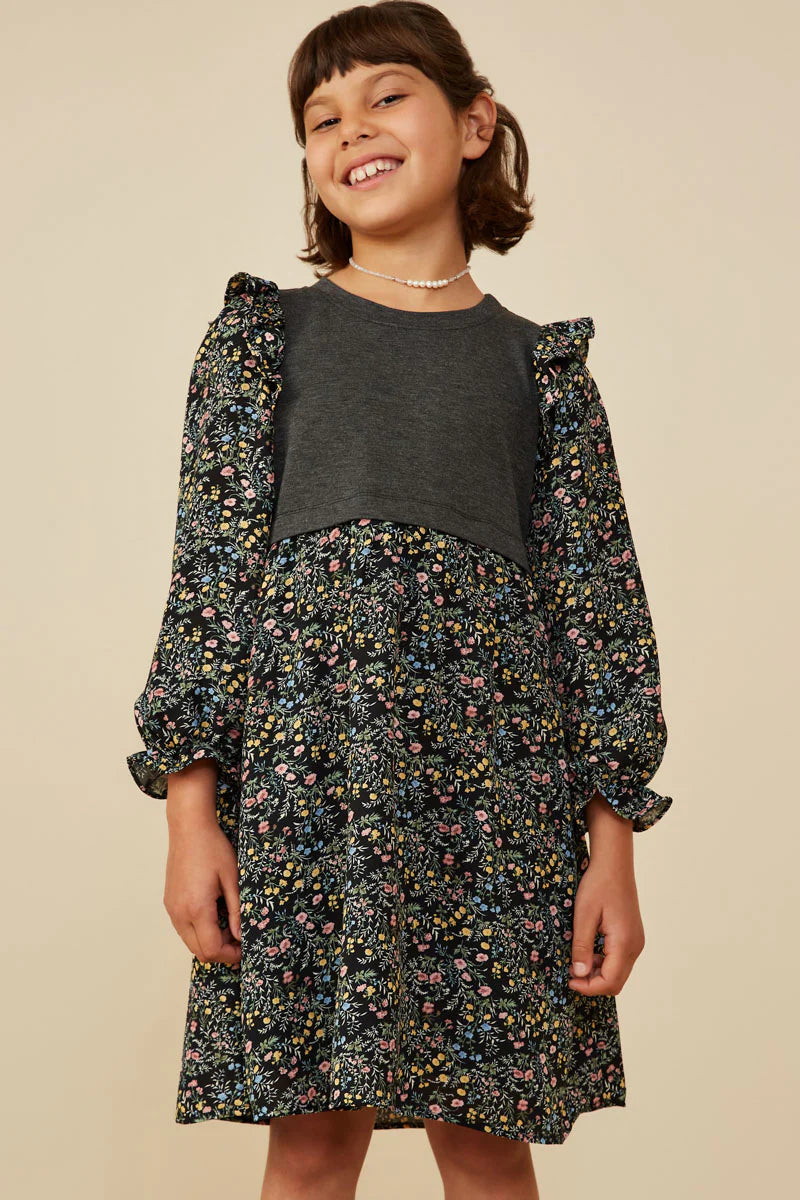 Girls Mix Media Floral Twofer Ruffle Dress Charcoal