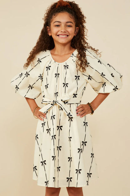 Girls All Over Bow Print Belted Dress Ivory