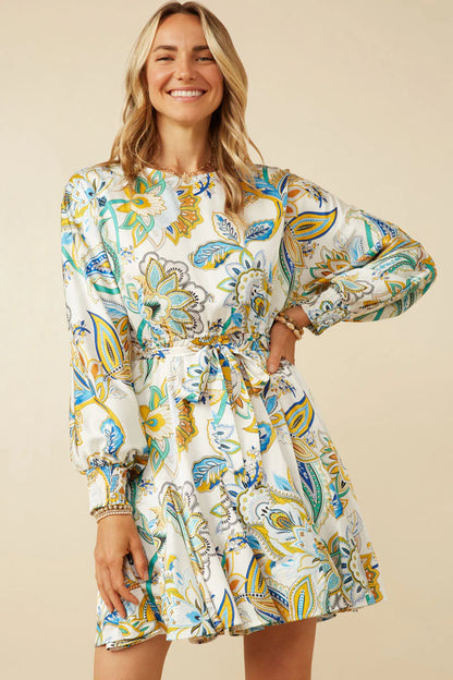 Women's Paisley Floral Print Belted Smocked Cuff Dress Yellow / Blue Mix