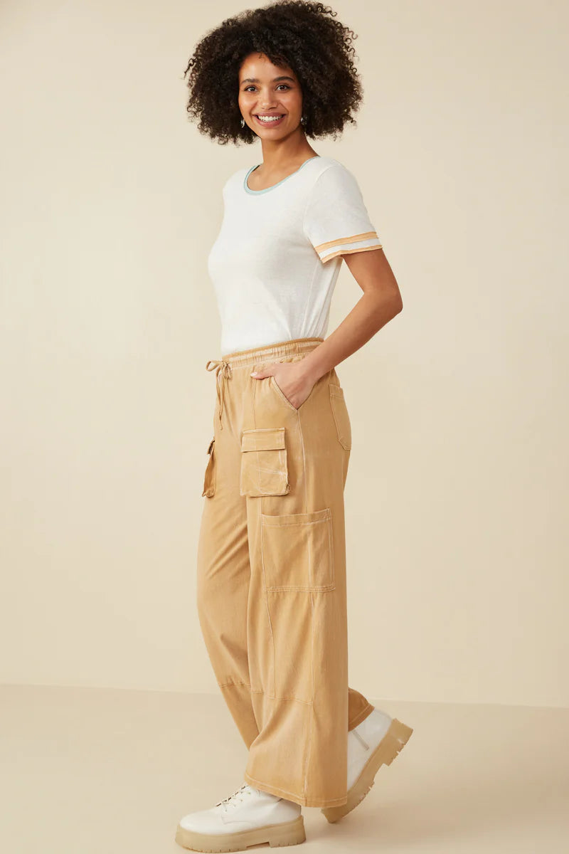 Women's Washed Cargo Pocket Detail Wide Leg Knit Pants