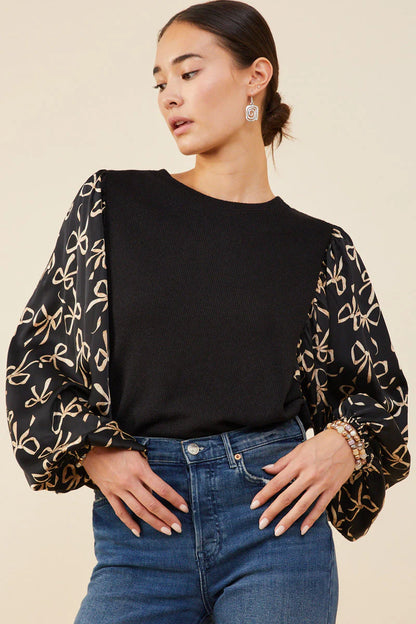 Women's Bow Print Puff Sleeve Mix Media Top Black