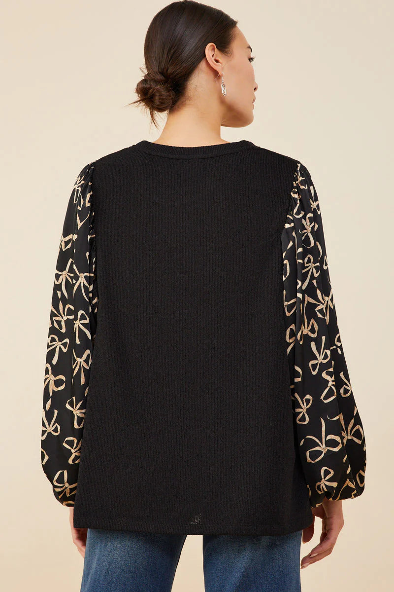 Women's Bow Print Puff Sleeve Mix Media Top Black