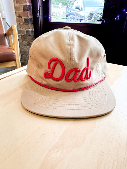 Dad Puff Embroidered Relaxed Flat Bill Rope Hat Tan / Red