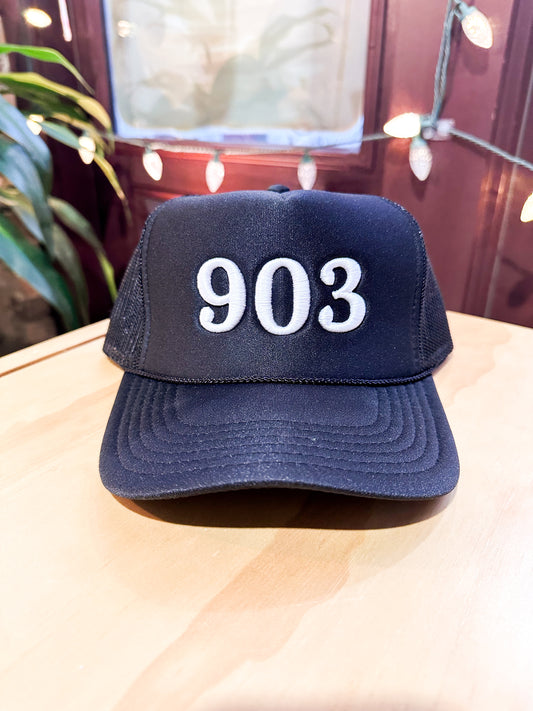 903 Puff Embroidered Foam Snapback Trucker Hat Black / White