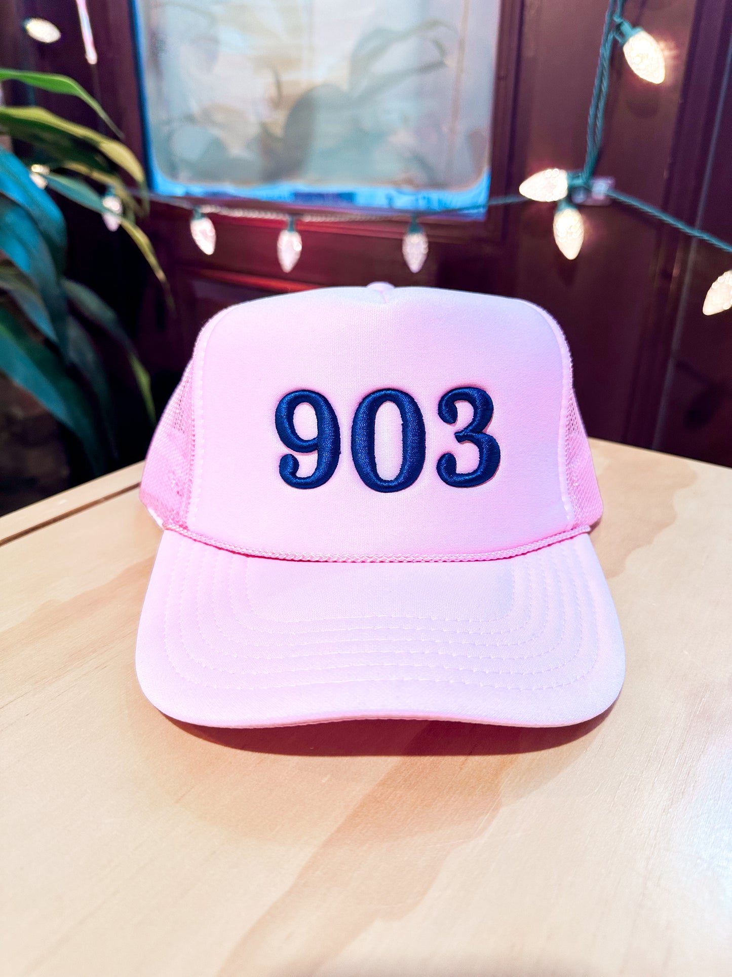 903 Puff Embroidered Foam Snapback Trucker Hat Pink / Navy