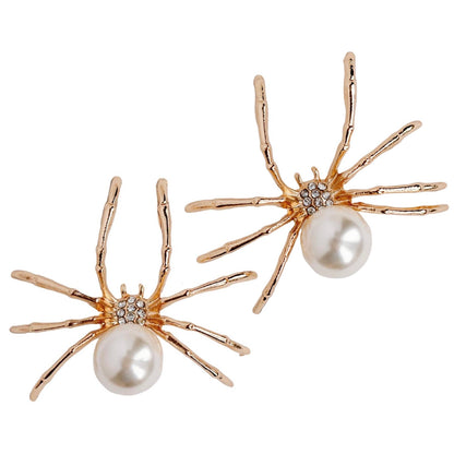 Gold Spooky Spider and Pearl Halloween Statement Earrings