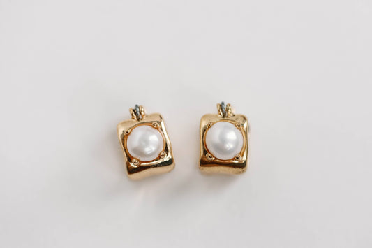 Vintage Mini Square Pearl Huggie Earrings