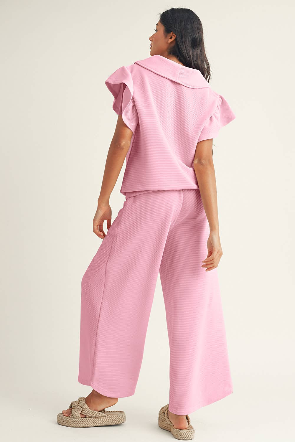 Baby Pink Ruffled Top and Wide Leg Pants Set