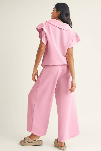 Baby Pink Ruffled Top and Wide Leg Pants Set