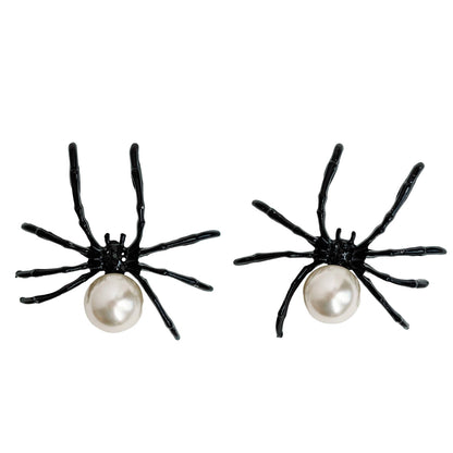 Black Spooky Spider and Pearl Halloween Statement Earrings