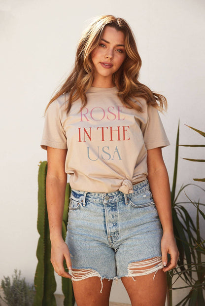 Women's ROSE' IN THE USA AMERICA Graphic T-Shirt Tan