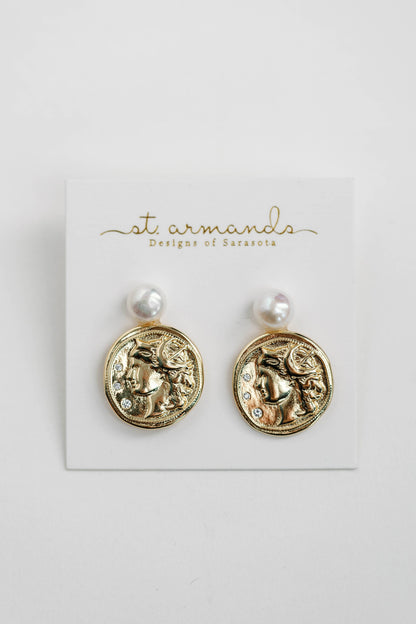 Genuine Pearl and Gold Coin Statement Earrings