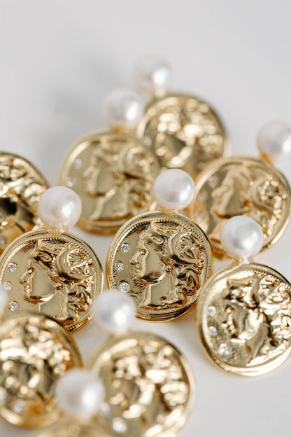 Genuine Pearl and Gold Coin Statement Earrings