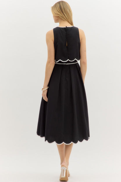 Black Scalloped Edge Midi Dress