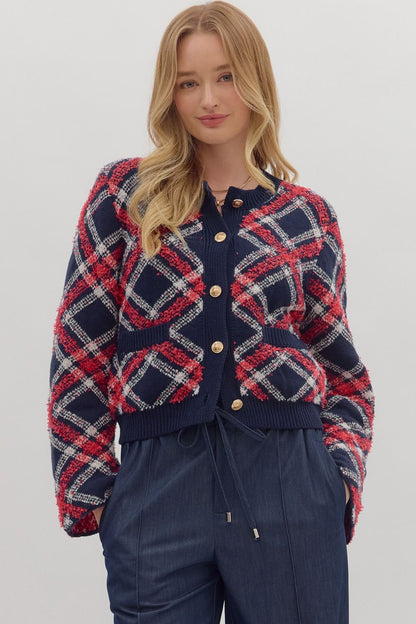 Red & Navy Plaid Cardi