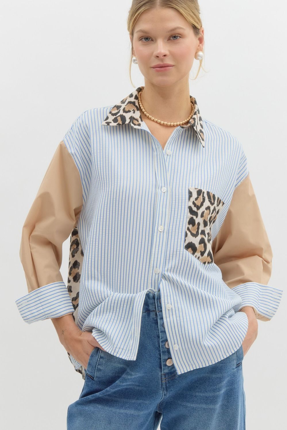 Textured Leopard/Stripe Button Down