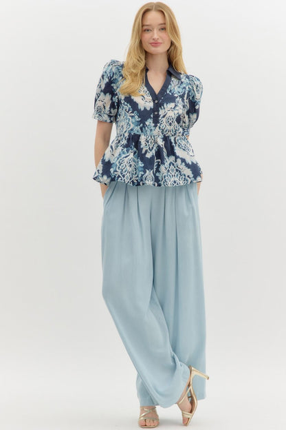 Blue Floral Peplum Blouse