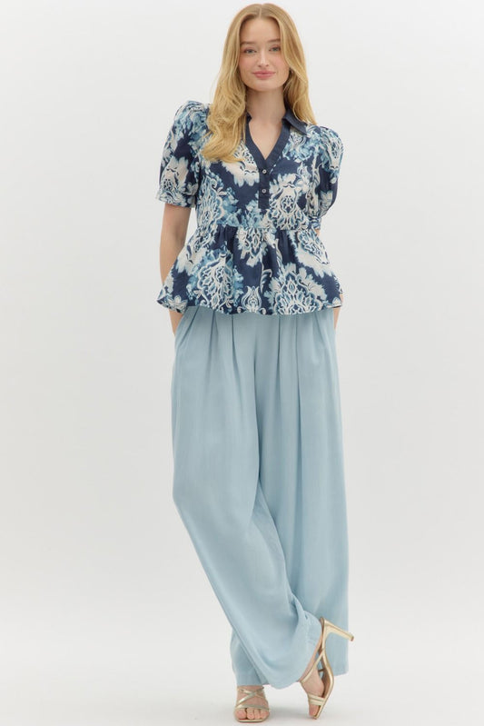 Blue Floral Peplum Blouse